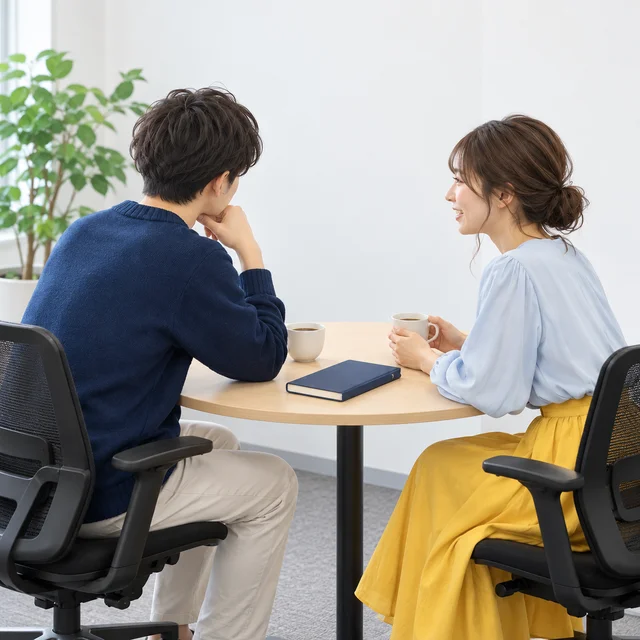 テーブルをはさんで話す2人